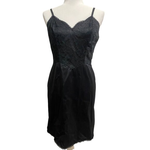 VTG Vanity Fair Full Black Slip Dress Lace Drop Waist Side Slits 34 Small - Picture 1 of 4